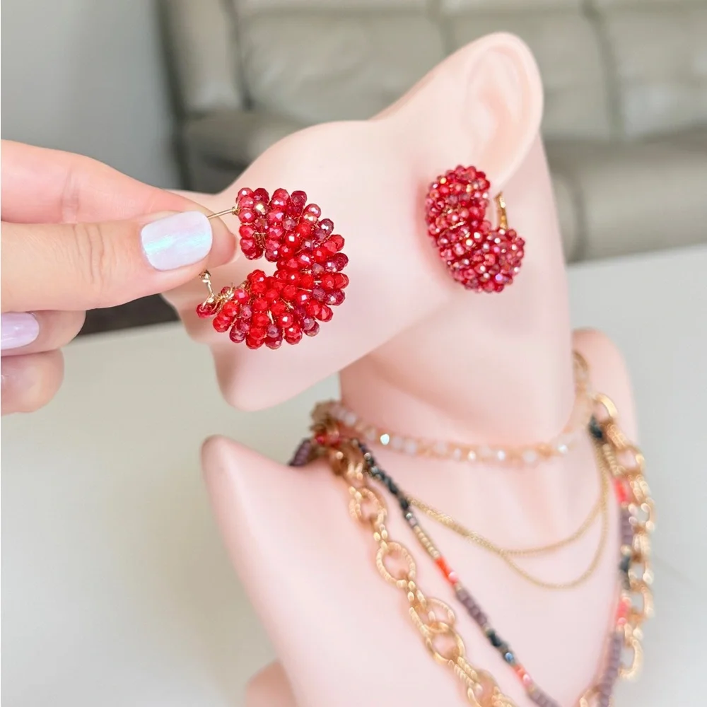 Trendy Red Beaded Hoop Earrings - Women Jewelry
